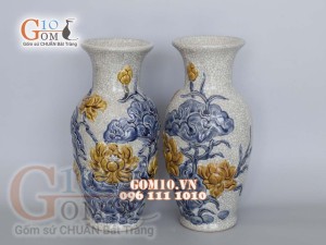 Đôi lọ lộc bình men rạn đắp nổi Hoa Sen, cao 26cm