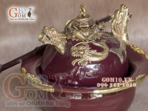 Điều bát rồng men màu bọc đồng - Đỏ mận