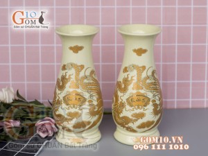 Đôi lọ huệ họa tiết rồng Phúc Lộc Thọ vàng kim, cao 18cm