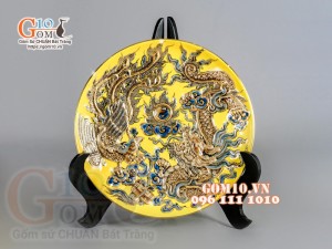 Mâm bồng Vàng đắp nổi Long Phụng Chầu Nguyệt - vẽ vàng 24k, đường kính 27cm