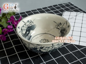 Bát tô cổ họa tiết hoa sen men bóng, đường kính 19cm