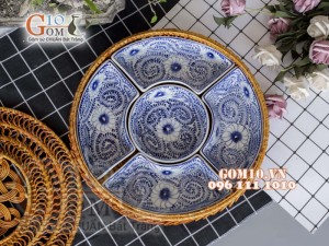 Bộ khay sứ đựng thức ăn họa tiết dây nhuyễn cổ màu