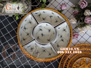 Bộ khay sứ đựng thức ăn họa tiết Chuồn chuồn tràm cổ