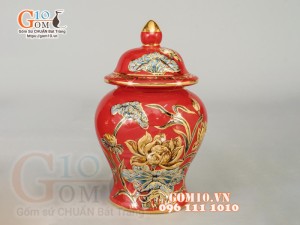 Chóe Đỏ đắp nổi Sen - vẽ vàng 24k, cao 23cm