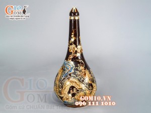 Nậm rượu Nâu đắp nổi Rồng - vẽ vàng 24k, Cao 23cm