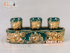 Kỷ 3 chén thẳng Xanh lục bảo đắp nổi Rồng - vẽ vàng 24k