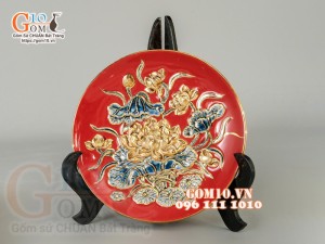 Mâm bồng Đỏ đắp nổi Sen - vẽ vàng 24k, đường kính 25cm