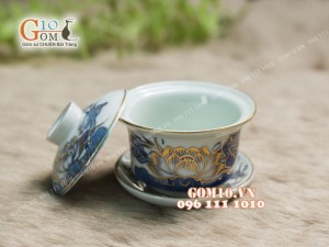 Bát sâm men rong cổ họa tiết sen - vẽ Vàng 24k