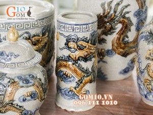 Ống hương men rạn đắp nổi rồng cao 20cm