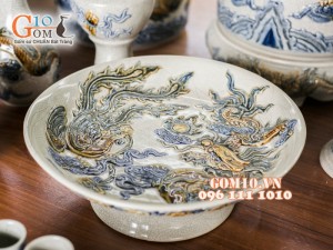 Mâm bồng men rạn đắp nổi rồng Phi 32
