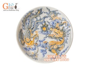 Mâm bồng men rạn đắp nổi rồng Phi 32