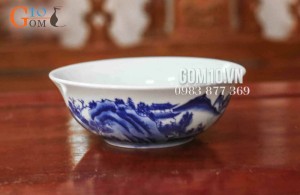 Bát tô loe men lam họa tiết Sơn Thủy, đường kính 15cm