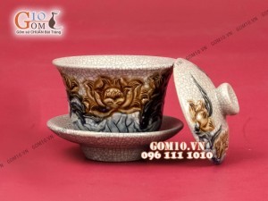 Bát trà sâm men rạn đắp nổi Sen cao cấp