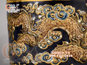 Bát hương Xanh coban đắp nổi Song Long Chầu Nguyệt - vẽ vàng 24k, đường kính 18cm