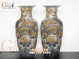 Đôi lọ men rạn đắp nổi Phúc Lộc Thọ, cao 63cm
