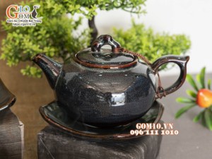 Ấm + đĩa kê ấm dáng quả hồng men hỏa biến, dung tích 350ml