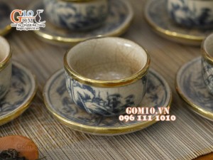 Ấm chén dáng Nhật men rạn cổ cảnh sơn thủy bọc đồng, 450ml