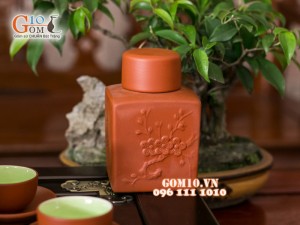 Ấm chén tử sa đắp nổi hoa đào đỏ 350ml, đầy đủ phụ kiện