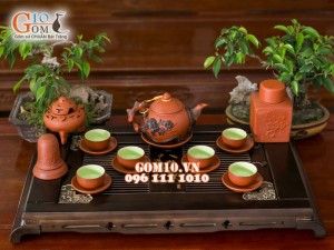 Ấm chén tử sa đắp nổi hoa phù dung đen đỏ 500ml, đầy đủ phụ kiện