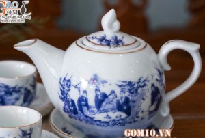 Ấm chóp lửa men lam cổ cảnh trúc lâm thất hiền kẻ chỉ vàng kim