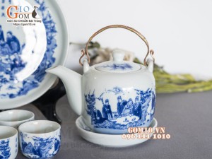 Ấm dáng vại men lam cổ, cảnh Trúc lâm thất hiền 450ml