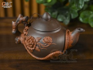 Ấm gốm đắp nổi hoa phù dung đỏ đen, 500ml