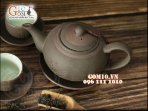 Ấm gốm Tống- Phúc- Lộc-Thọ, màu rêu kẻ chỉ 350ml