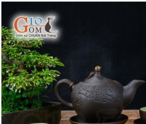 Ấm gốm tử sa khắc hoa đào đen, 350ml