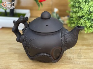 Ấm lẻ gốm đắp nổi hoa Đào đen, 350ml