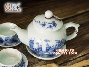 Ấm lẻ quả hồng men lam cổ vẽ Trúc Lâm Thất Hiền