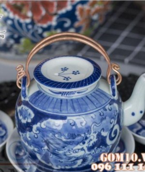 Ấm long ẩn vung lõm men lam cổ, 350ml