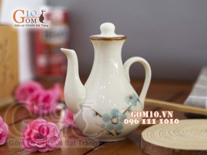 Ấm mắm cao men kem vẽ Đào xanh