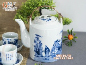 Ấm tích men lam cổ cảnh trúc lâm thất hiền, 1.5L