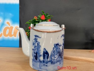 Ấm tích men lam cổ hoạ tiết Trúc Lâm Thất Hiền kẻ chỉ vàng kim, 1.5l