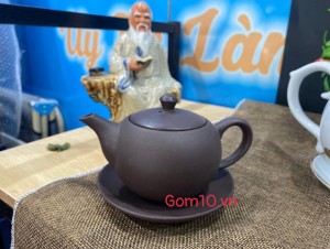 Ấm và đĩa kê  gốm hồng sa màu đen, dung tích 200ml 