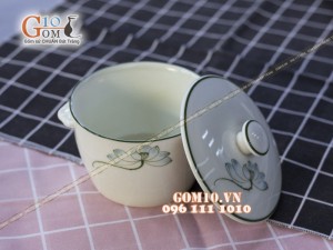 Âu cơm chân cao men kem vẽ sen xanh - Chỉ xanh, đường kính 13cm