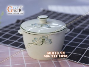 Âu cơm chân cao men kem vẽ sen xanh - Chỉ xanh, đường kính 13cm