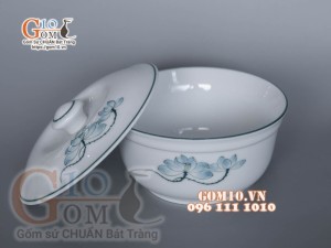 Âu cơm dáng cao men trắng vẽ sen xanh 18cm