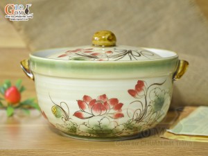 Âu cơm dáng cao men vuốt vẽ hoa Sen đỏ, 18cm