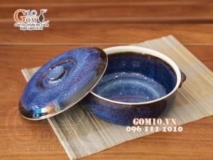 Ấu cơm dáng quai tôm men hỏa biến xanh đá, đường kính 19,5cm