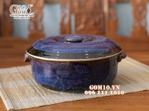 Ấu cơm dáng quai tôm men hỏa biến xanh đá, đường kính 19,5cm