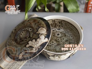 Âu cơm dáng thấp men hỏa biến gấm vàng khắc sen, đường kính 19,5cm
