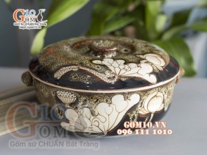 Âu cơm dáng thấp men hỏa biến gấm vàng khắc sen, đường kính 19,5cm