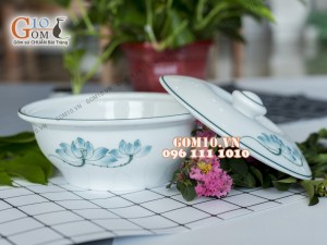 Âu cơm dáng thấp men trắng vẽ sen xanh 24cm