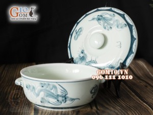 Âu cơm men cổ họa tiết Rồng Phượng Hóa, đường kính 20cm