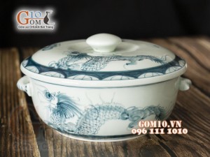 Âu cơm men cổ họa tiết Rồng Phượng Hóa, đường kính 20cm