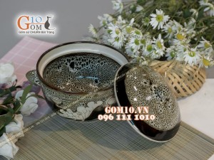 Âu cơm men gấm vàng khắc sen, đường kính 19cm