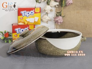 Âu cơm men hỏa biến gấm vàng Cát Tường, đường kính 19cm