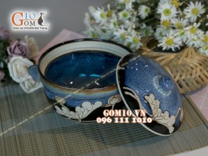 Âu cơm men hỏa biến xanh đá khắc sen, đường kính 19cm