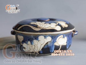 Âu cơm men hỏa biến xanh đá khắc sen, 19.5cm